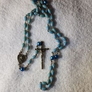 Blue and Silver Rosary Necklace with Antique Crucifix